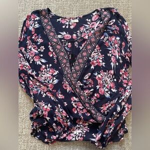 Hollister Blue and Pink Floral Wrap Blouse with V-Neck